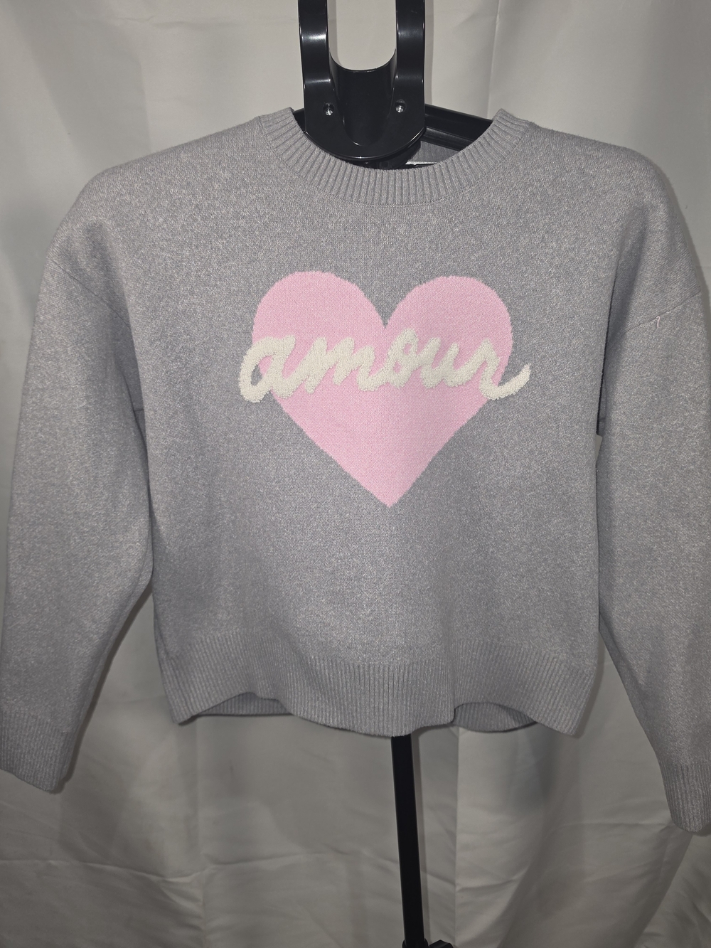 Broadway & Broome Gray Pink Amour Heart Cropped Sweater Sz L Knit French Inspire